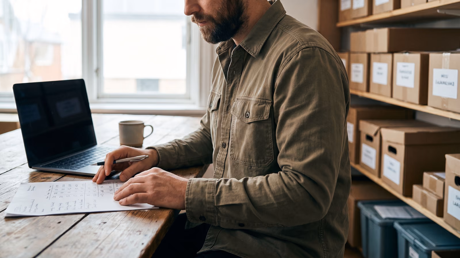 A shop owner reviews a printed list of pricing details at a desk near shelves of packed boxes.