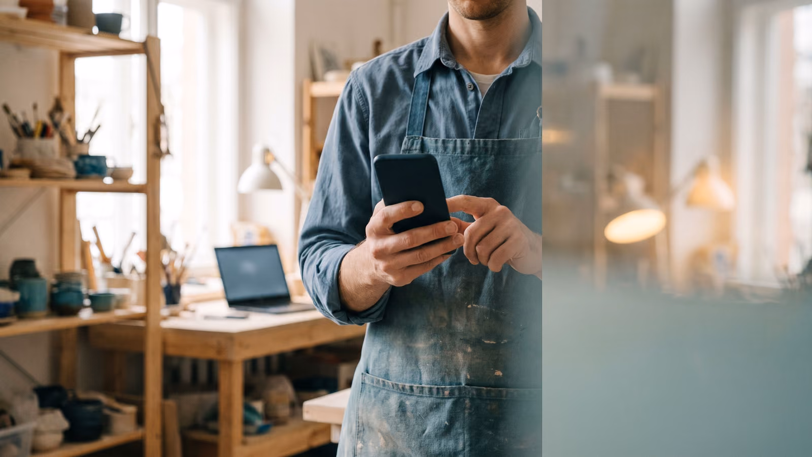 A shop owner in work clothes holds a smartphone with a dark screen, testing their store while a laptop sits blurred in the background.