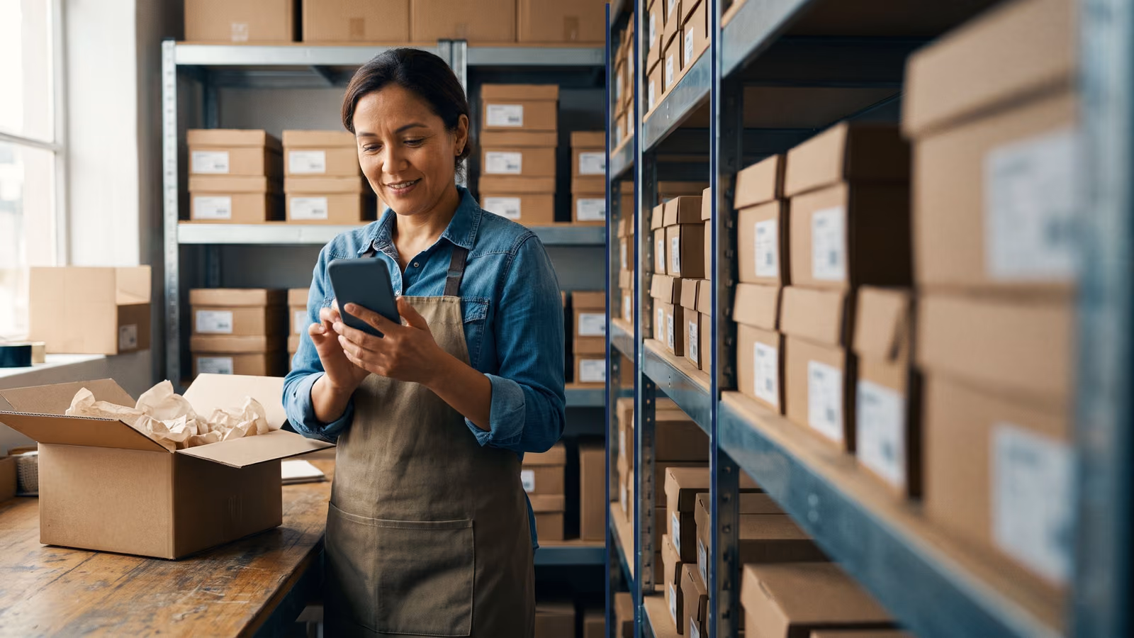 A small business owner in a stockroom holds a smartphone with a dark screen, standing near shelves of boxed products and an open shipping bo