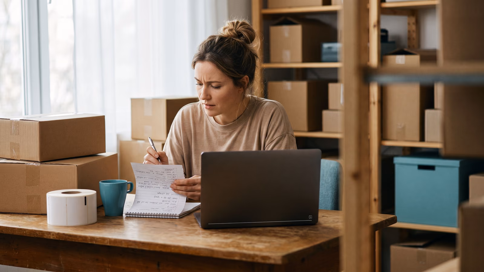 A small business owner reviews handwritten notes at a desk surrounded by packed shipping boxes, laptop screen dark beside her.