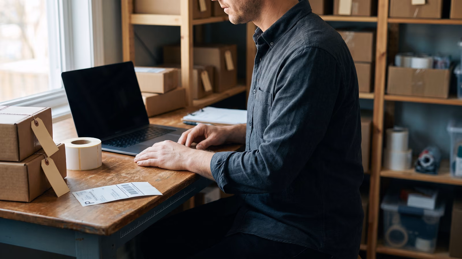 A person sits at a desk with a dark laptop screen beside stacked product boxes and a shipping label roll in a small home office.