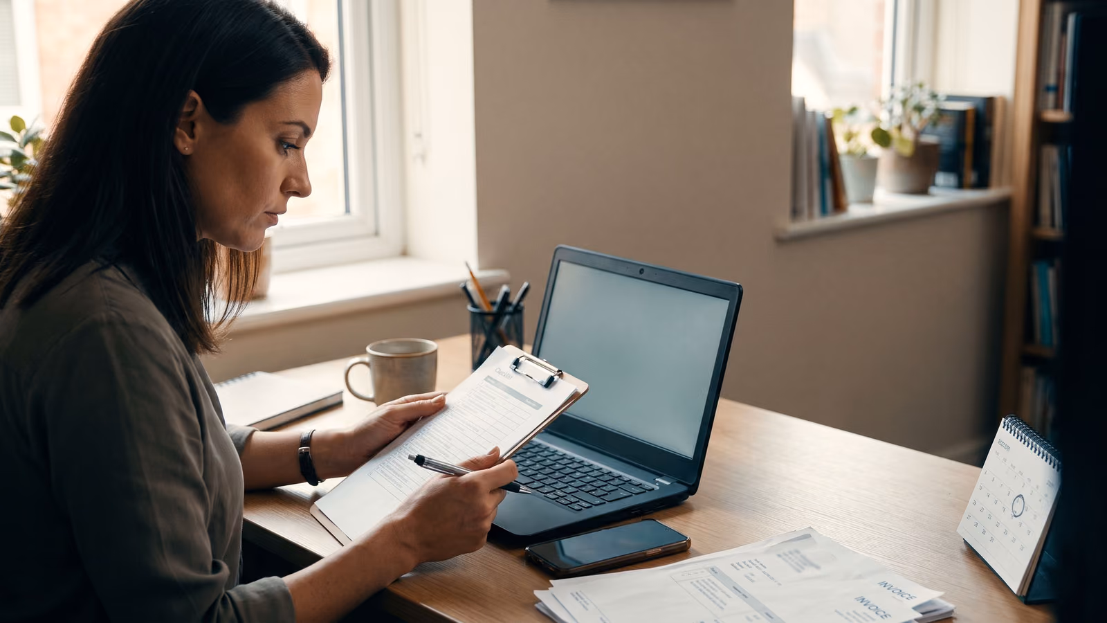 A business owner at a desk reviews a printed checklist beside a closed laptop and coffee mug in a small office.