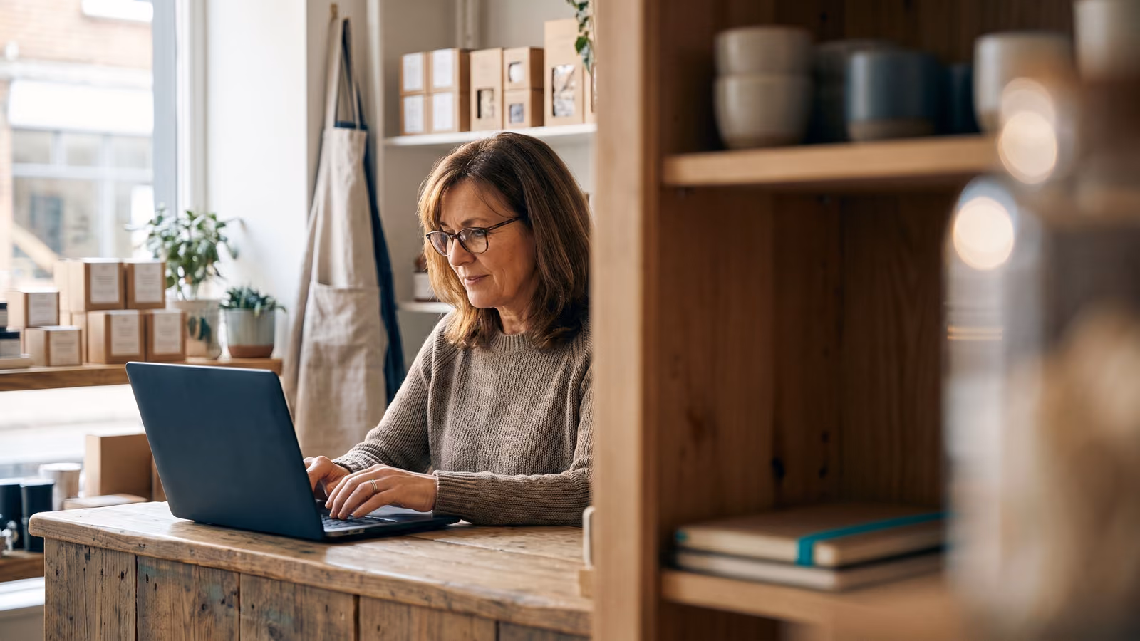 A small business owner sits at a counter in a retail shop, calmly working on a laptop with a plain dark screen.