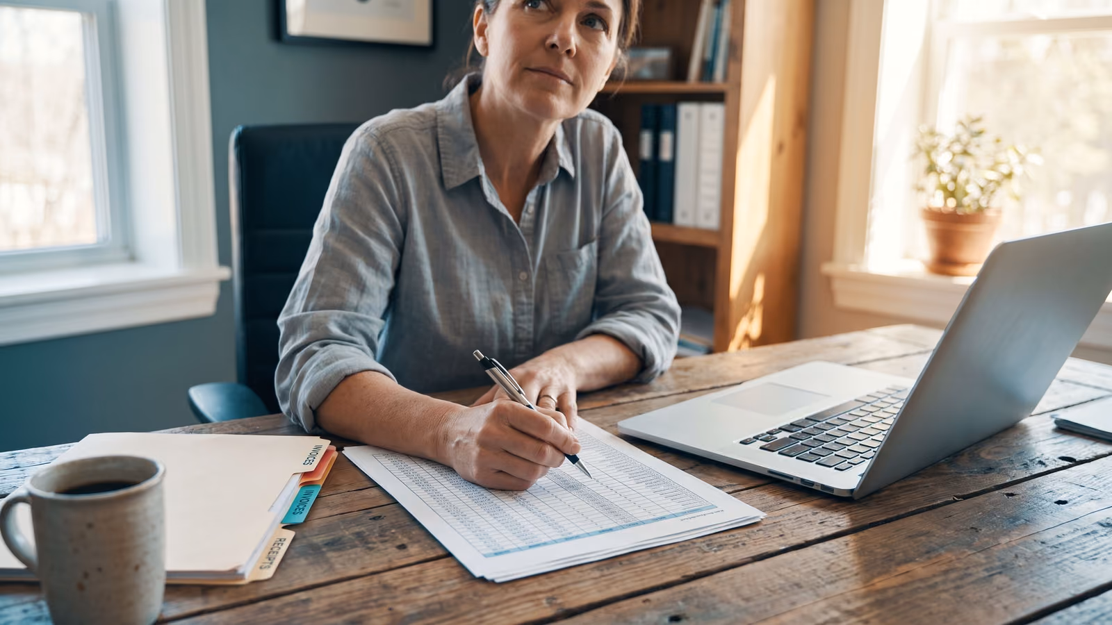 A person at a desk reviews a printed itemized list beside an open laptop with a blurred screen, in a sunlit office.