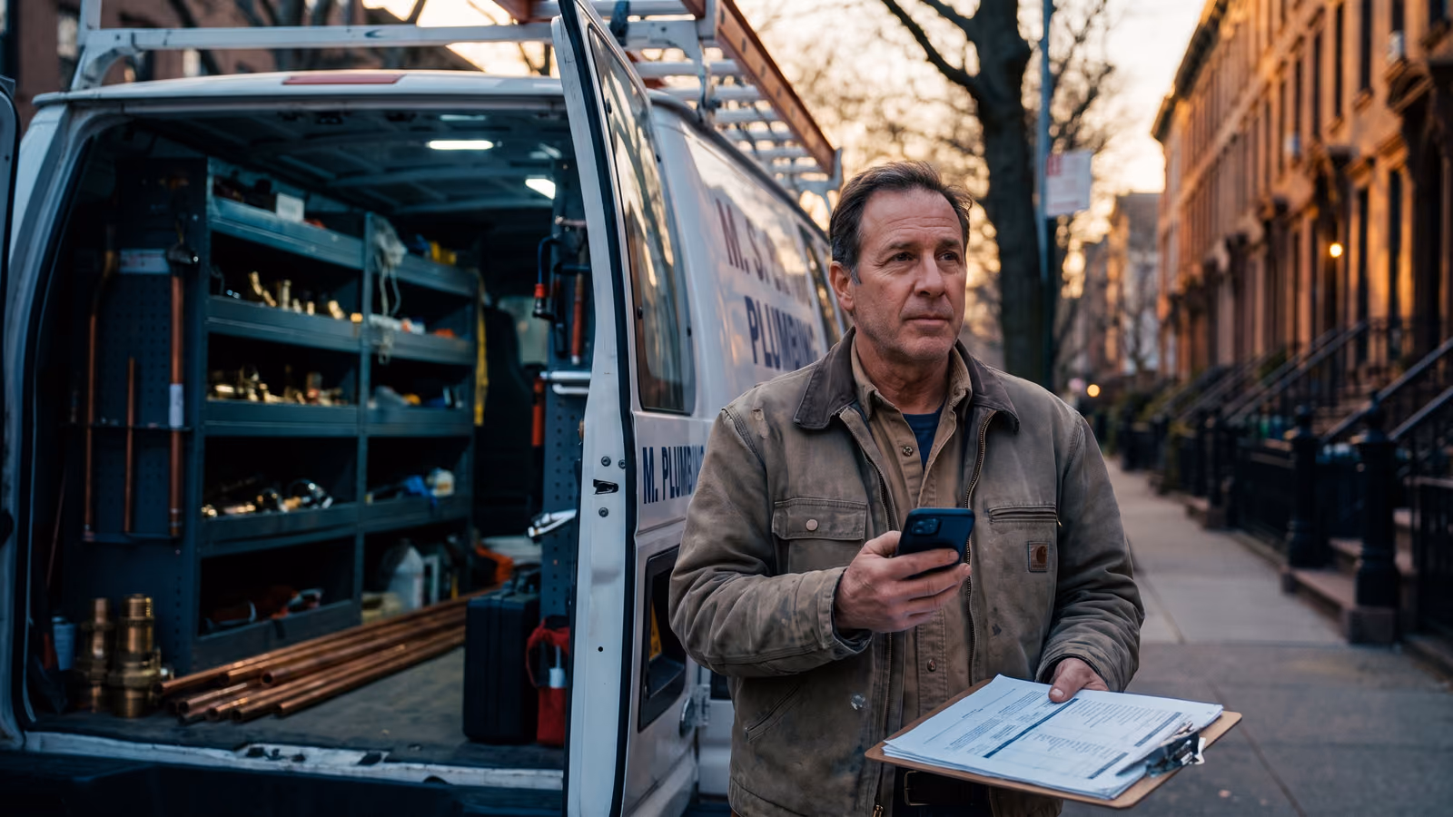 A plumber stands at the back of a service van at dusk, checking a phone with a dark screen while holding a clipboard.