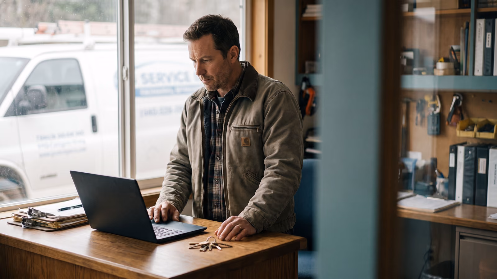 A trades business owner rests a hand on a closed laptop beside a set of keys at a desk in a shop office, with a service van visible through
