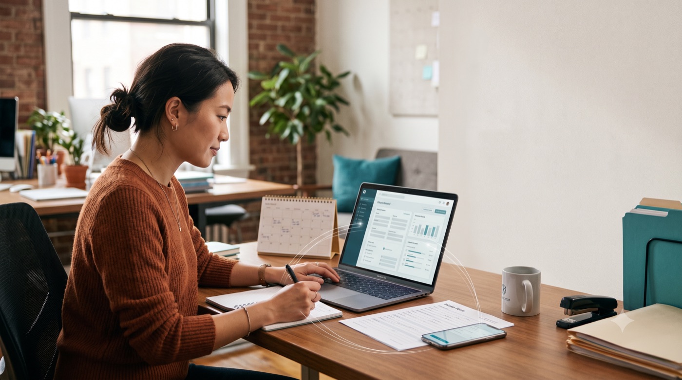 Person entering figures at a laptop with printed sheets and a calendar beside them