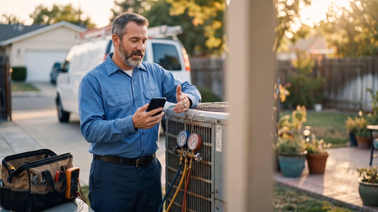 HVAC technician standing beside an outdoor unit, speaking while holding his phone at his side, a service van blurred in the background.