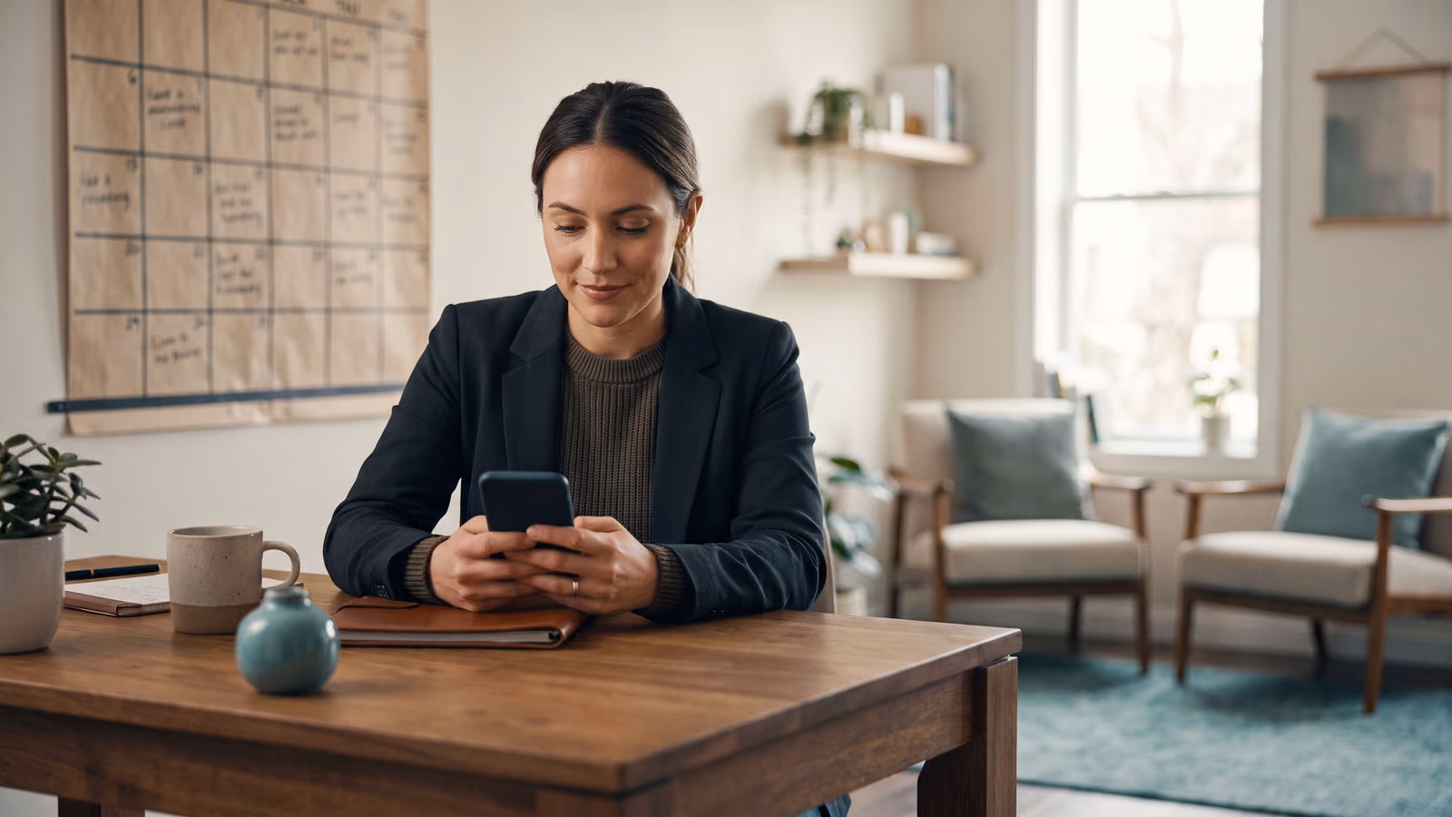 Woman at an office desk looking at her smartphone with a paper job schedule on the wall behind her.
