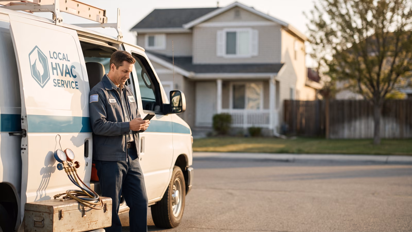 HVAC technician in uniform standing beside his service van, checking a phone with a dark screen in early morning light.