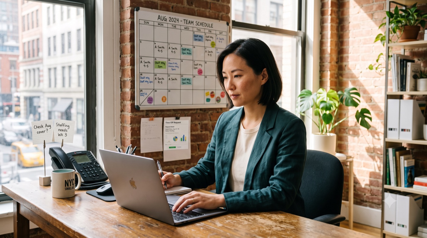 Person at a laptop in front of a wall-mounted team schedule board