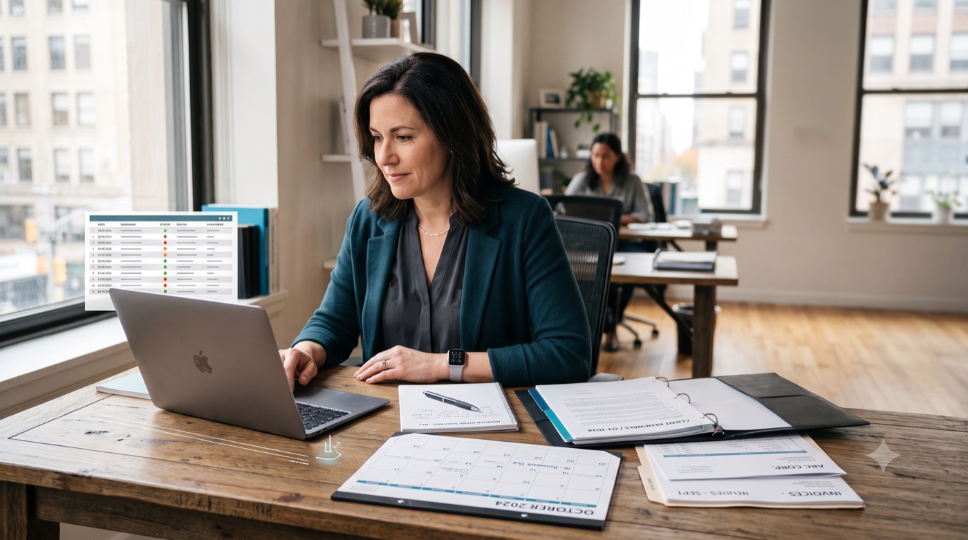 Person at a laptop with contract folders and renewal paperwork spread across the desk