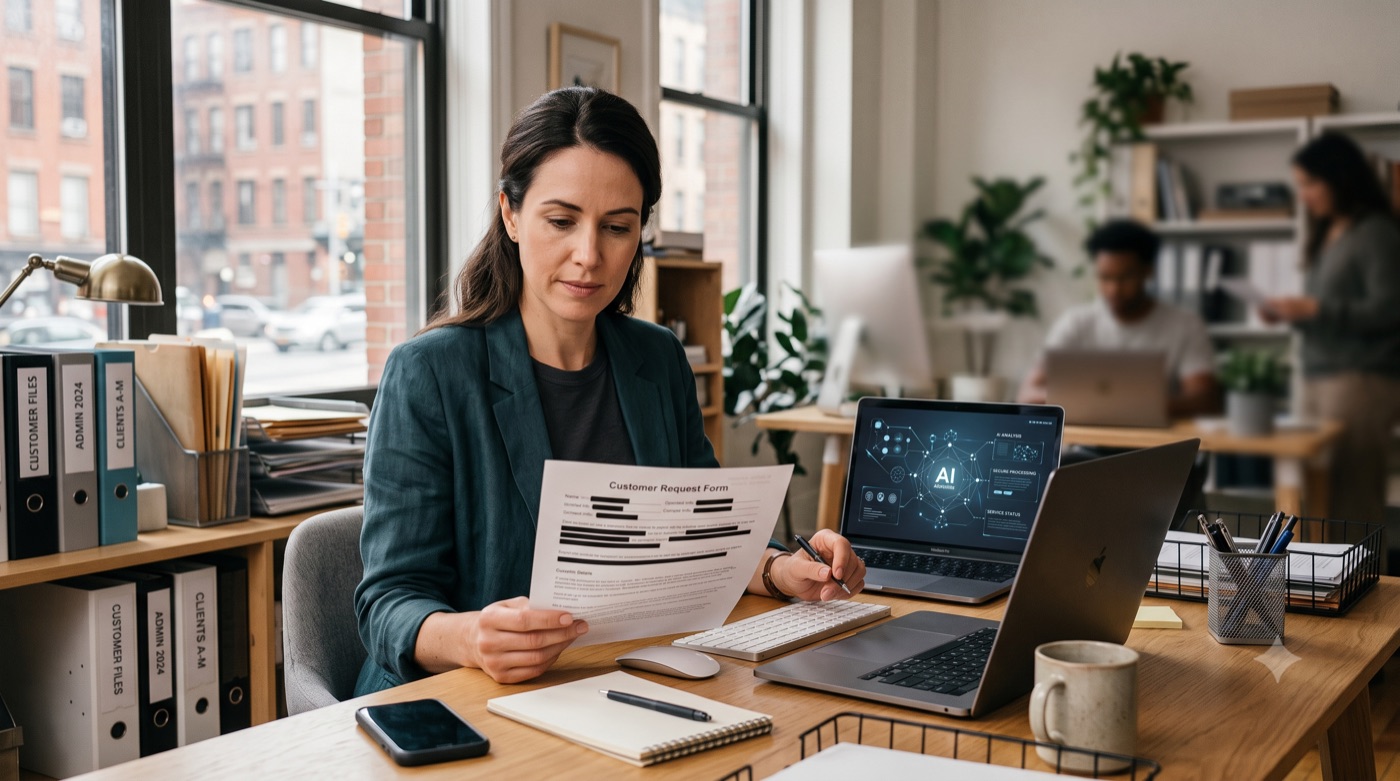 Person holding a printed document with redacted lines beside a laptop