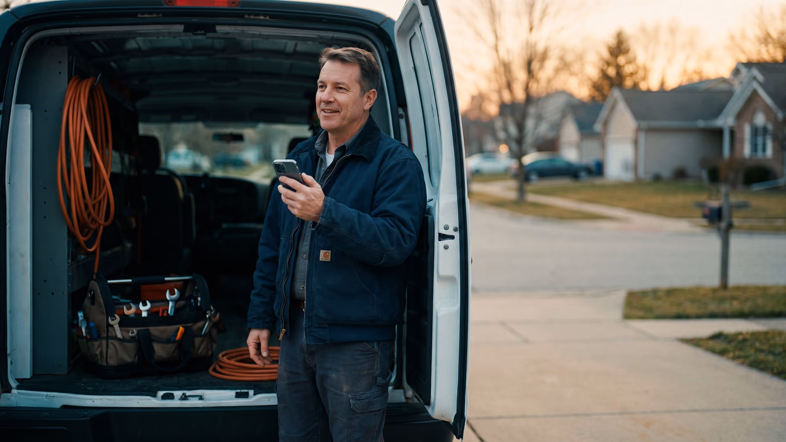 Technician standing at the open back of a service van in late afternoon light, speaking into his phone after finishing a job.