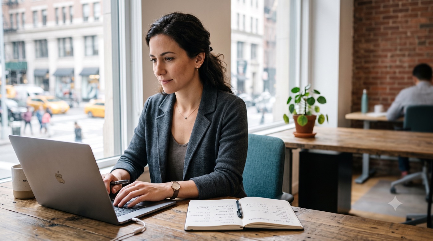Person typing at a laptop by a window with an open notebook beside them