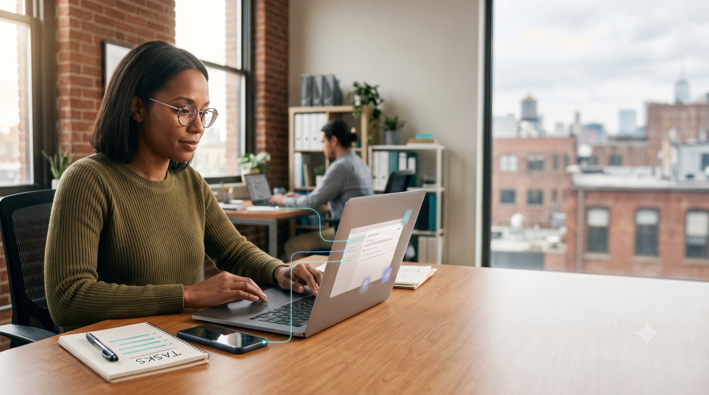 Person working at a laptop in a bright office, notepad and phone on the desk