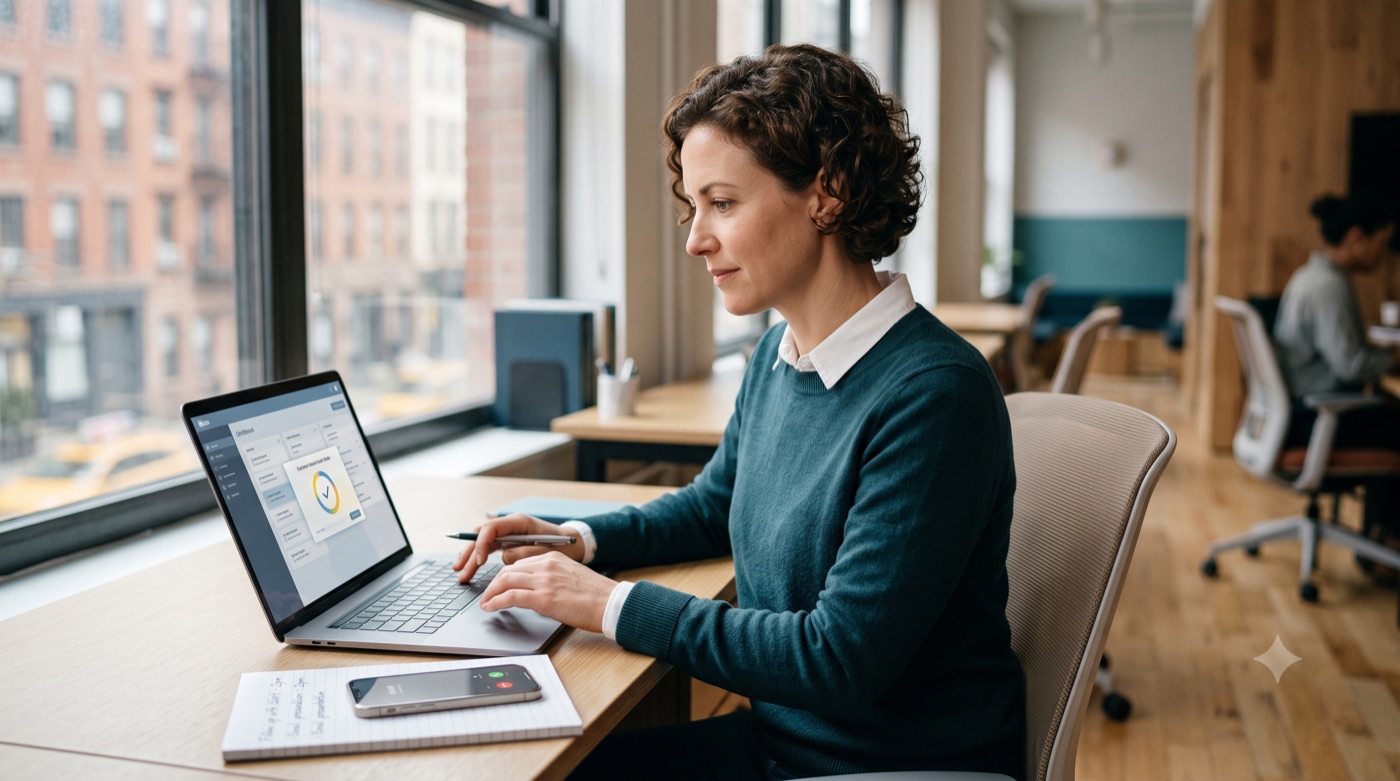 Person at a laptop by a window in a quiet office, a printed list beside the keyboard