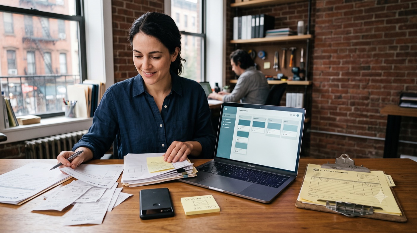 Person sorting paperwork at a desk beside a laptop showing a task board