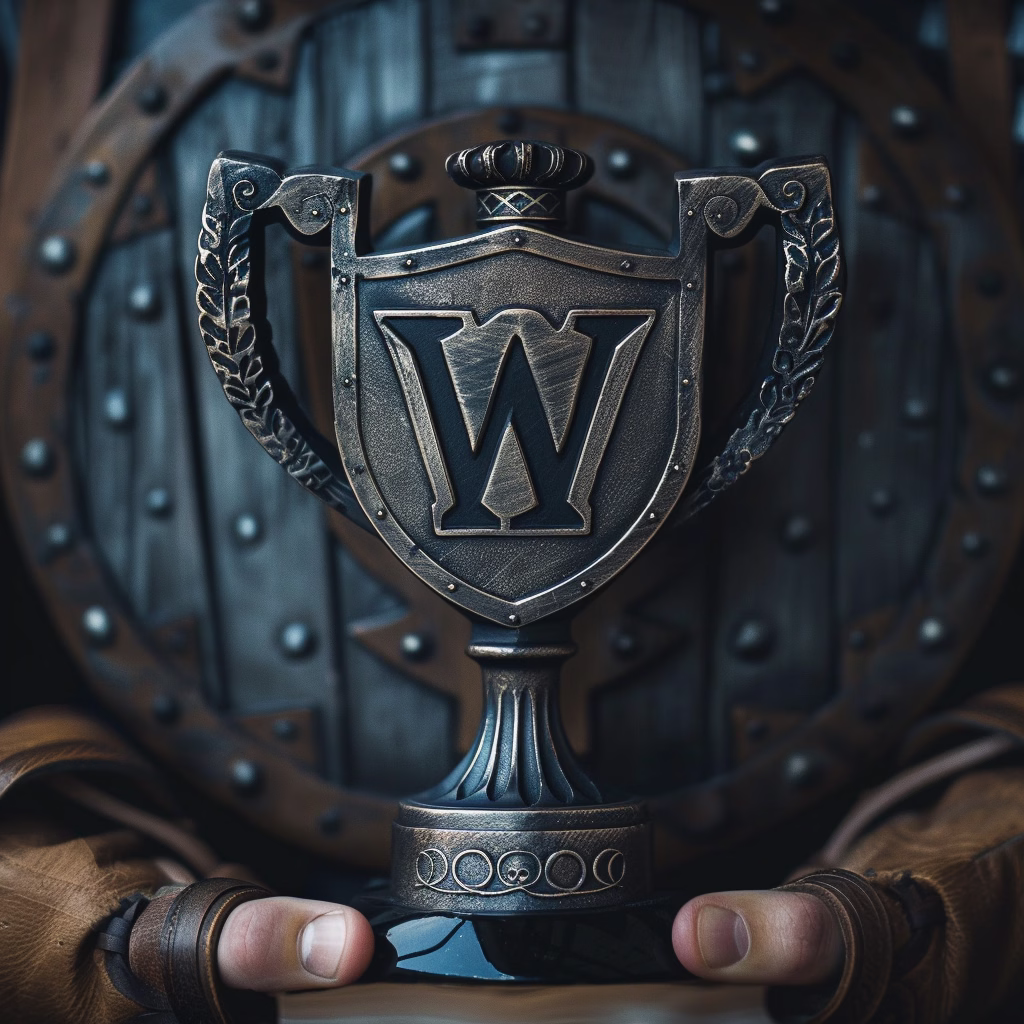 A close-up of a trophy with a large "W" emblem in the center, symbolizing WordPress excellence. The trophy is ornately designed with intricate details and is held by gloved hands, with a medieval shield in the background, emphasizing the strength and superiority of WordPress in web design.