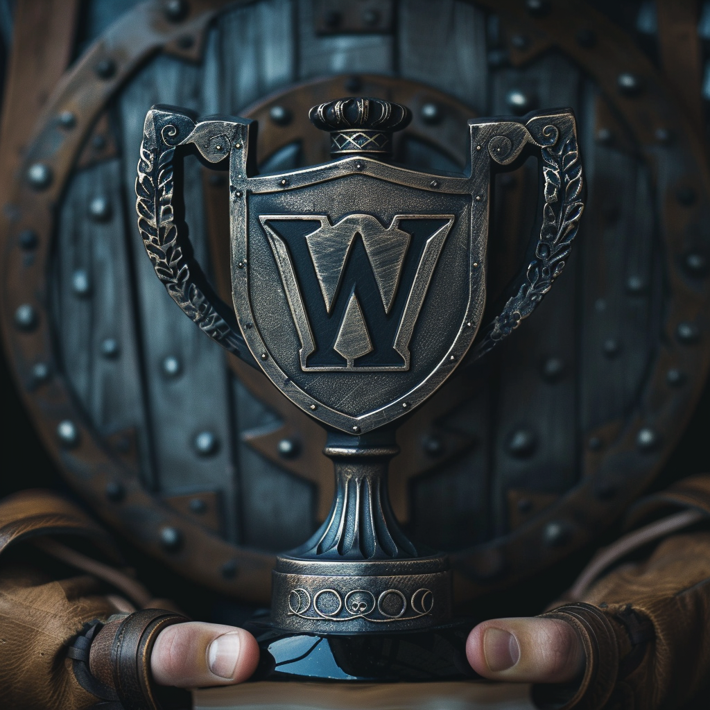 A close-up of a trophy with a large "W" emblem in the center, symbolizing WordPress excellence. The trophy is ornately designed with intricate details and is held by gloved hands, with a medieval shield in the background, emphasizing the strength and superiority of WordPress in web design.