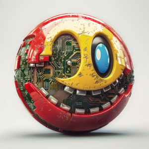 The Google Chrome logo depicted as Pacman, with a tech-themed design showing circuit boards and electronic components. The logo is stylized to appear as if it's about to "eat" something, emphasizing the concept of memory consumption. The background is simple and clean, highlighting the focus on the Chrome logo.