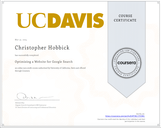 chris hobbick certificate