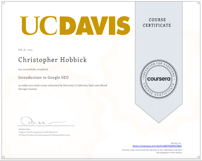 chris hobbick certificate