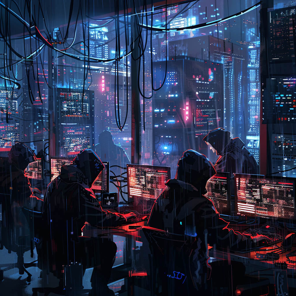 A dark, high-tech server farm illuminated by the glow of numerous monitors and server lights. In the foreground, several hackers wearing hoodies are intently focused on their computer screens, typing away amidst a tangle of cables and electronics. The background showcases rows of servers with blinking lights and a dimly lit cityscape visible through large windows. The atmosphere is tense and clandestine, with an air of secrecy and illicit activity as the hackers run malicious phishing email campaigns.