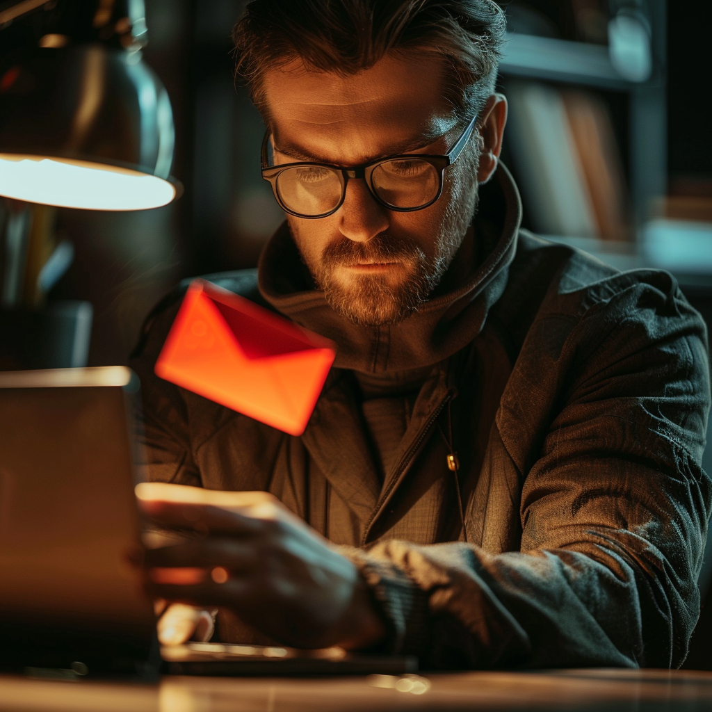 The image shows a man wearing glasses and a dark jacket, working late at night on a laptop in a dimly lit room. He looks focused, with the glow from the computer screen reflecting off his glasses. Suspended in front of him is a red, floating email icon, symbolizing a phishing email, adding a sense of urgency and highlighting the potential risks involved. This visually represents the seriousness of identifying phishing emails, especially in settings where individuals may be targeted by cybercriminals.