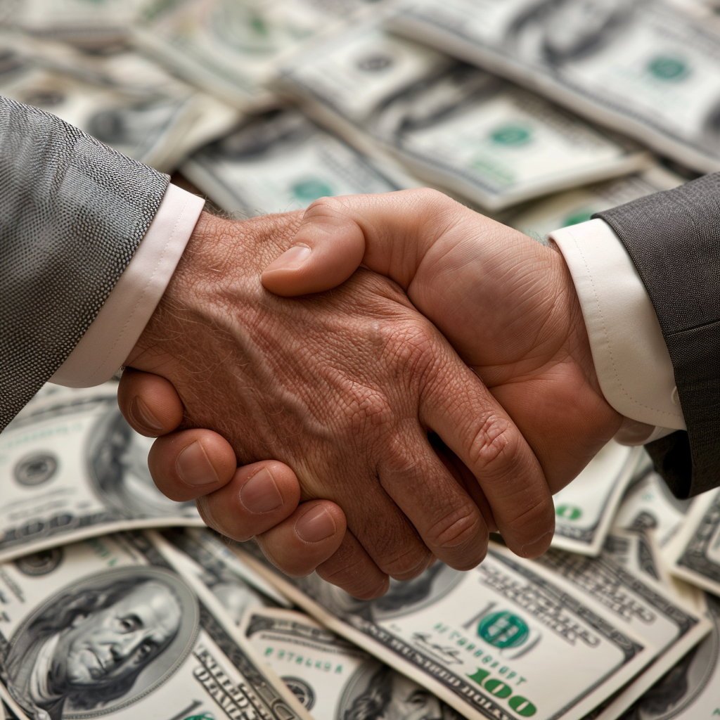 Image depicting a handshake between two corporate executives with a backdrop of numerous $100 bills, symbolizing behind-the-scenes business deals involving significant financial transactions.