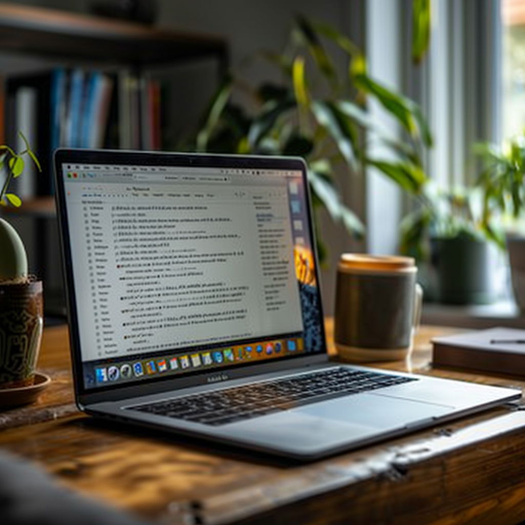 A laptop displaying an email marketing strategy document sits on a wooden desk in a cozy home office. The background features potted plants, bookshelves, and a window letting in natural light. A coffee mug and notebook are also on the desk, creating a productive and inviting work environment.