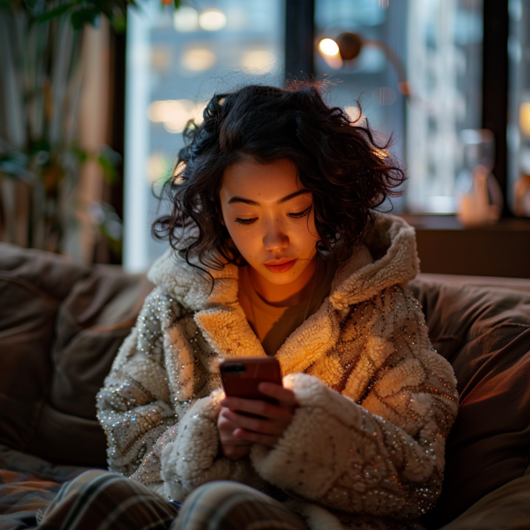 A woman in her cozy NYC apartment, sitting on a couch and performing a Google search on her phone, illustrating the importance of SEO for small businesses in making their products and services easily discoverable online.