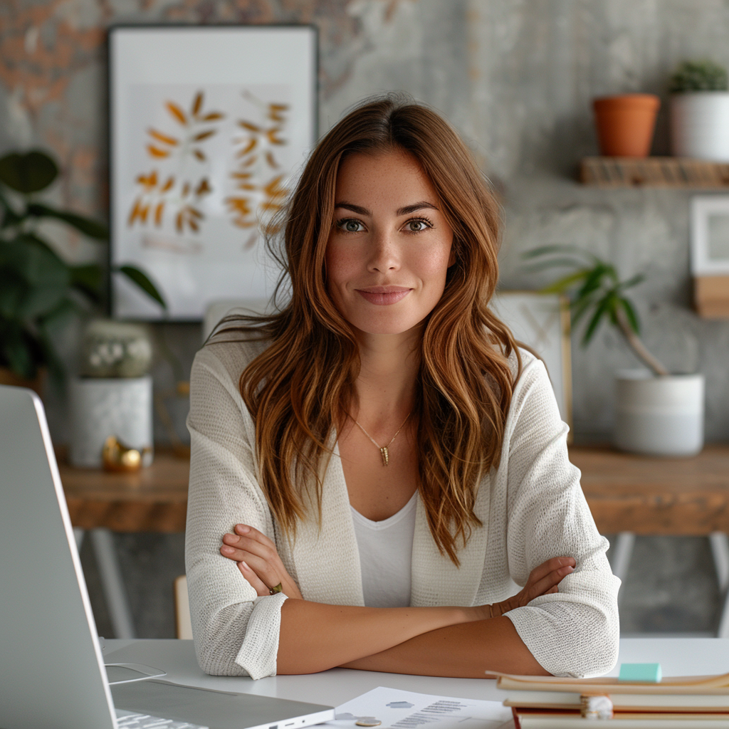 A confident woman sits at her desk, smiling warmly with her arms crossed, representing a professional yet approachable demeanor. The workspace around her is modern, with soft tones, plants, and minimalistic decor, giving a sense of creativity and organization. A laptop and papers on the desk hint at her involvement in website design or digital work. This image perfectly complements the blog article, suggesting that an awesome website blends aesthetics with functionality, user-friendliness, and a personal touch to create a welcoming online presence.