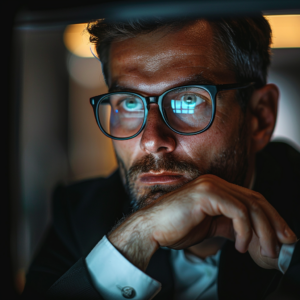 A thoughtful professional with glasses closely analyzing a computer screen, representing the 'Fresh Eyes' approach to reviewing and refining website content and design.