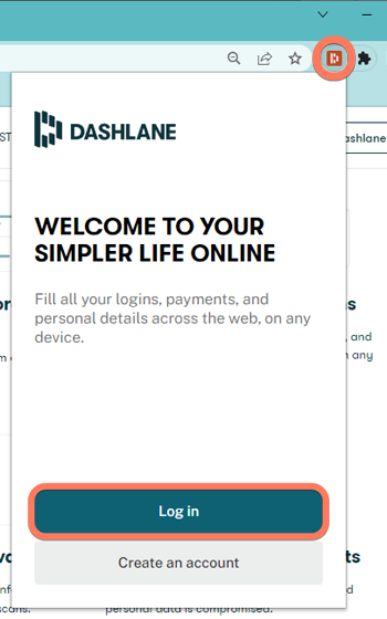 Dashlane browser extension login screen with the login button highlighted. The text reads Welcome to Your Simpler Life Online. Fill all your logins, payments, and personal details across the web, on any device.