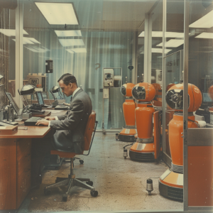 A vintage-style image of a man in a suit working at a desk in an office, surrounded by retro-futuristic orange robots, symbolizing the integration of AI-powered automation in a professional setting.