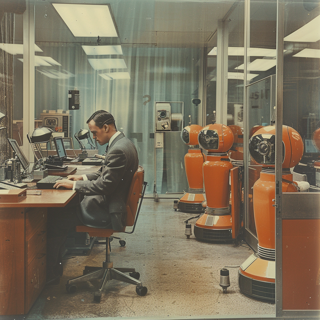 A vintage-style image of a man in a suit working at a desk in an office, surrounded by retro-futuristic orange robots, symbolizing the integration of AI-powered automation in a professional setting.