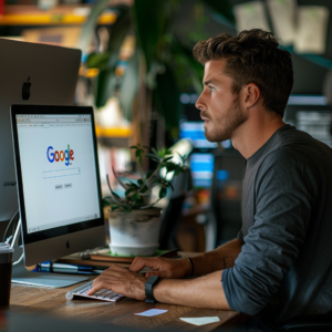 A small business owner sits at his desk, intently working on a desktop computer with the Google homepage displayed, as he optimizes his Google My Business profile. The workspace is cozy, with plants and office supplies around.