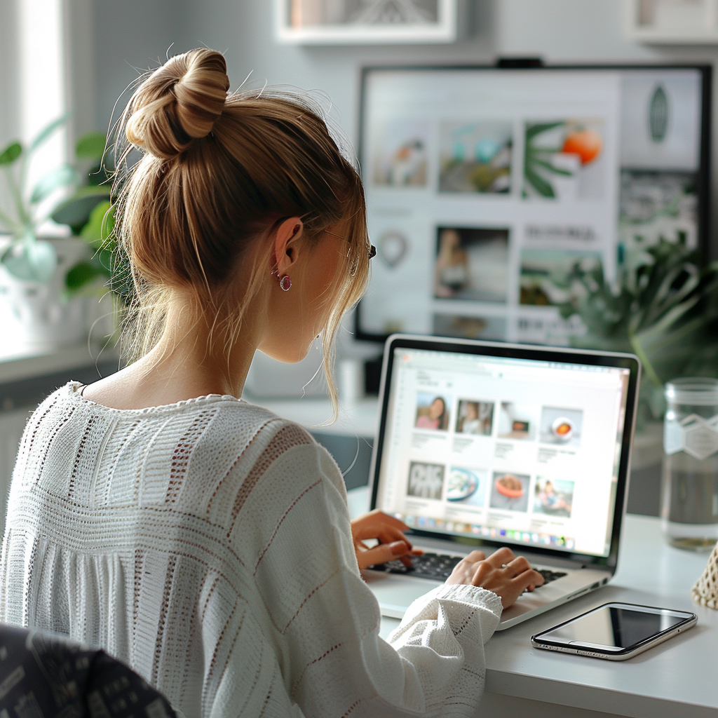 A corporate professional female working on her MacBook, managing multiple online profiles. She is seated in a modern, well-lit workspace, with a large screen displaying various websites in the background, emphasizing a clean and organized digital environment.