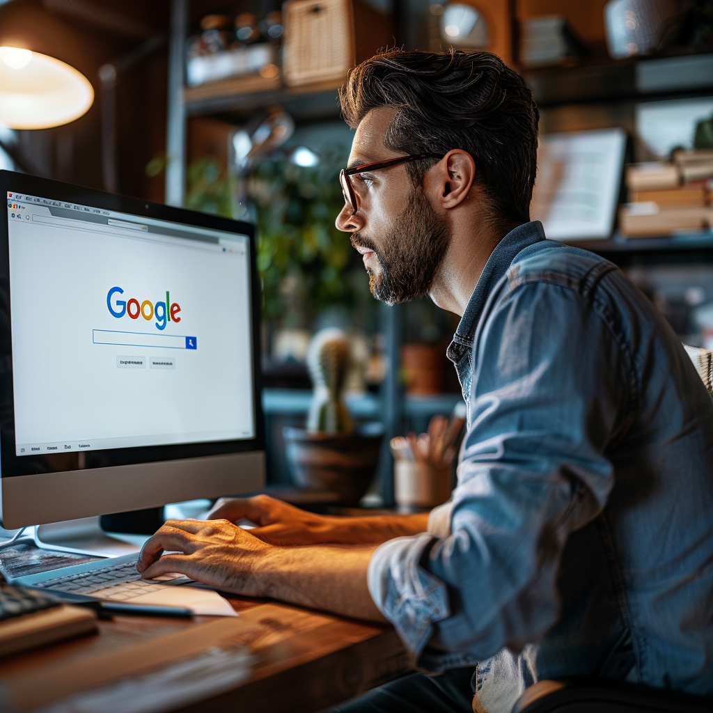 A small business owner efficiently using Google search on a desktop computer, focusing intently in a cozy, well-lit home office environment.