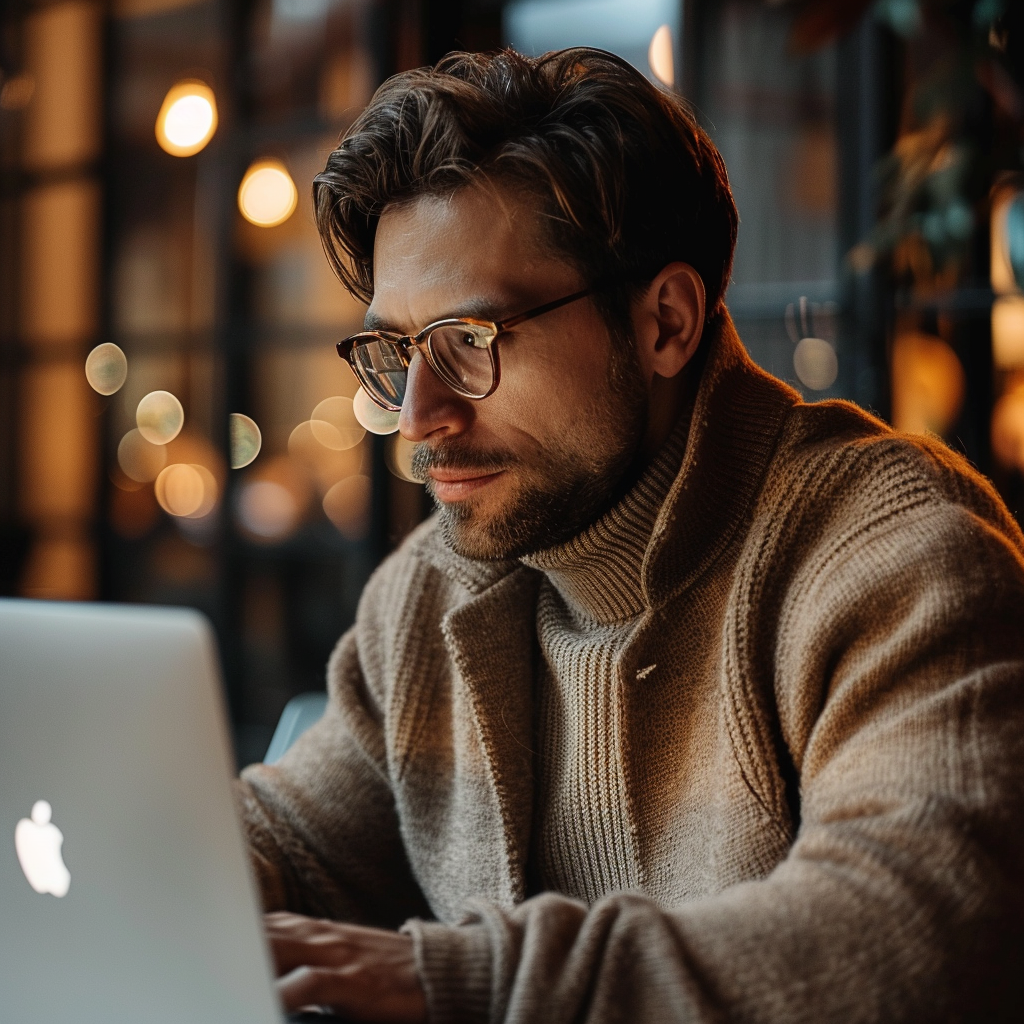 A focused businessman wearing glasses and a cozy sweater works on his MacBook in a warmly lit environment, managing his business tasks with notion.