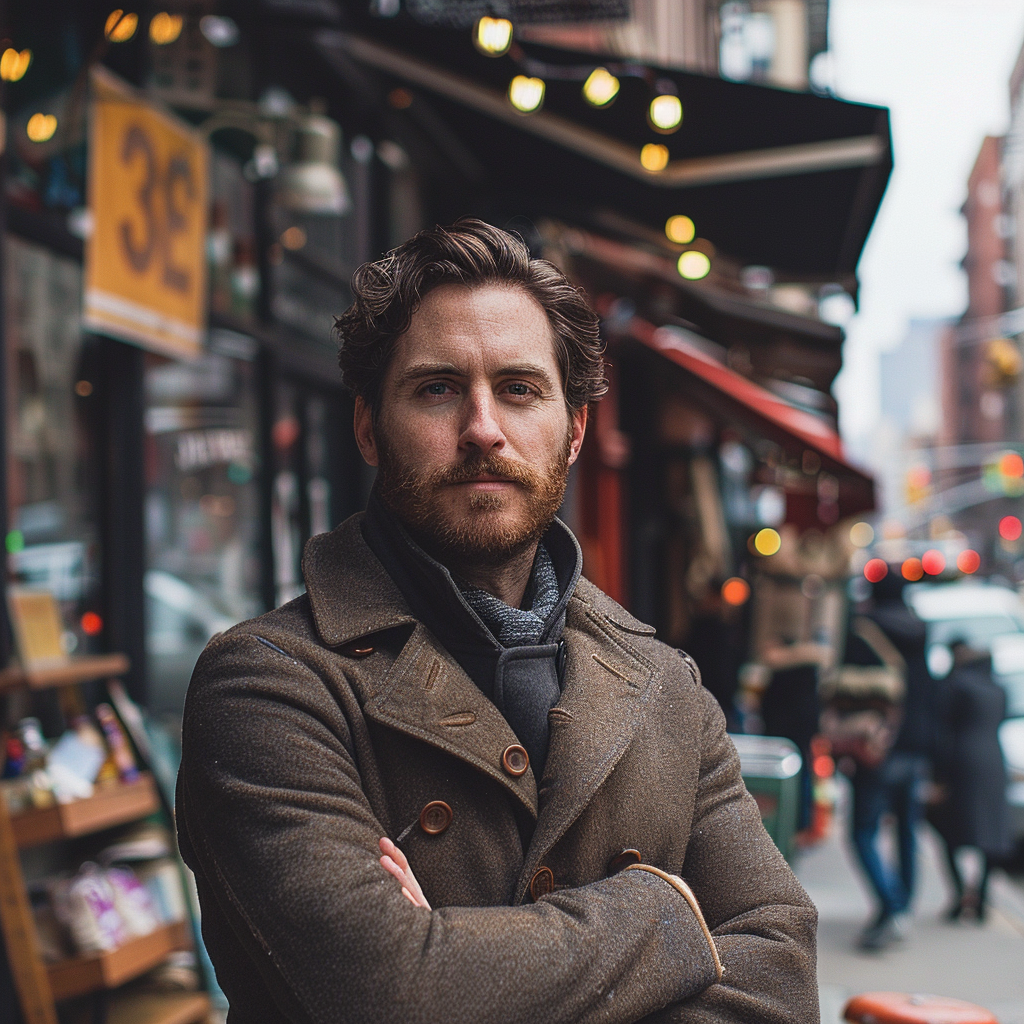 Small business owner standing confidently in a New York City street, wearing a coat and scarf, with arms crossed, symbolizing the importance of consistent branding and a strong online presence for SEO success.