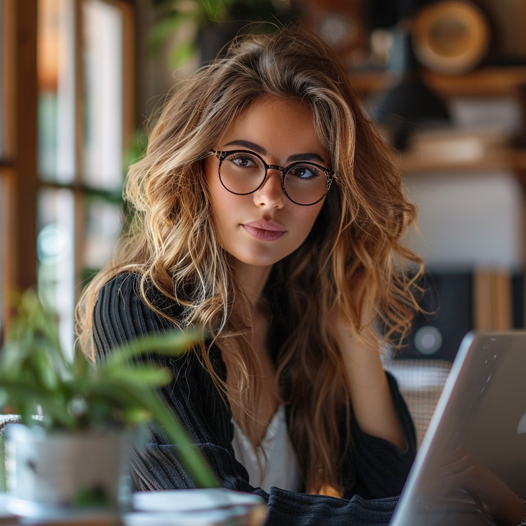 A 30-year-old businesswoman wearing glasses, sitting at a table with a laptop, thoughtfully shopping online for a new computer. The natural lighting and cozy atmosphere suggest she is considering her tech needs, including the right amount of RAM.