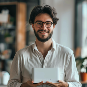 A man smiling while holding a Wi-Fi router, symbolizing troubleshooting network settings and resolving connectivity issues in a professional office environment.