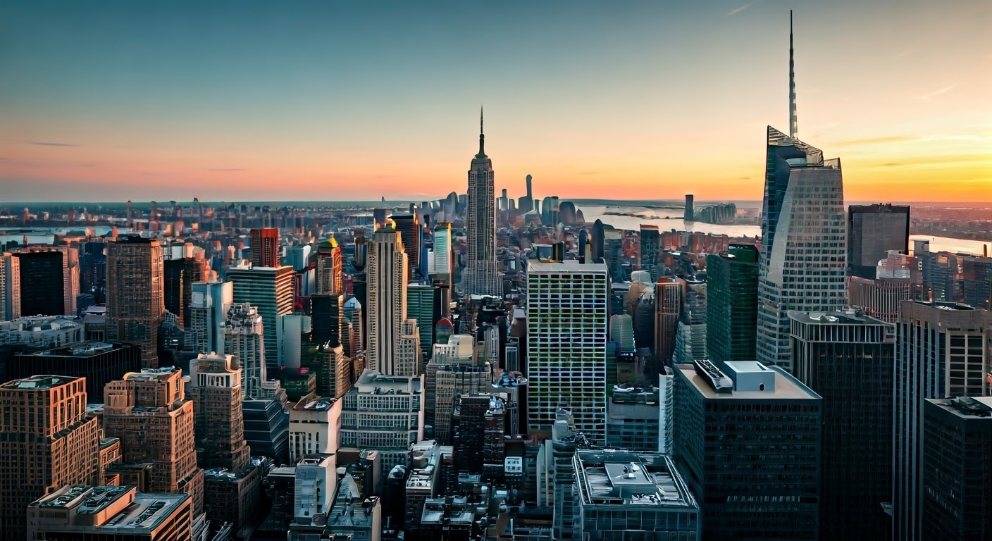 NYC skyline with a sunset backdrop.