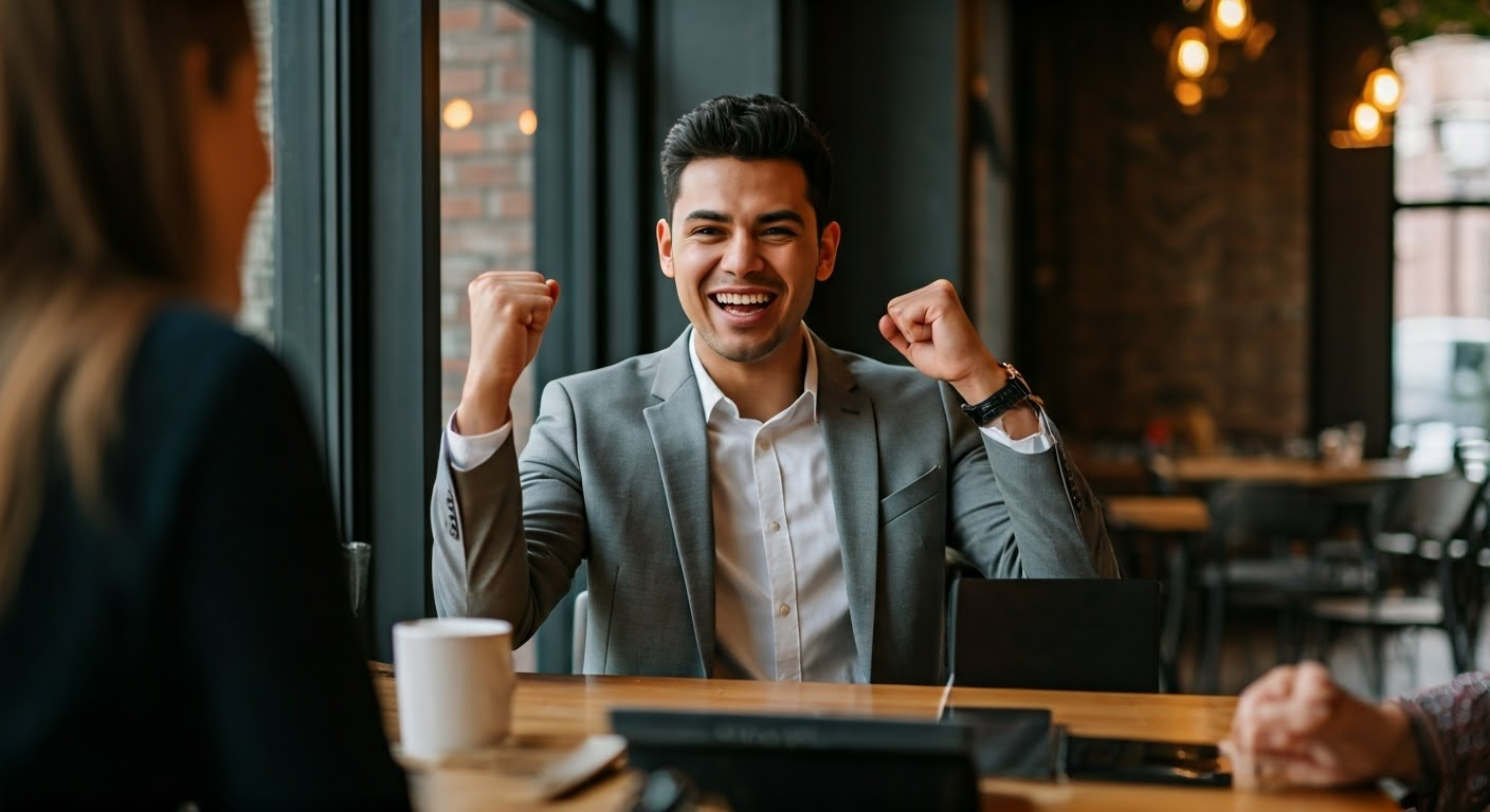 Business owner celebrating SEO success.