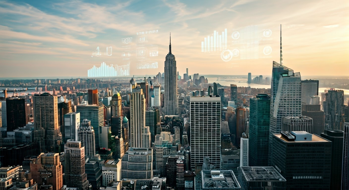 New York skyline with SEO elements.