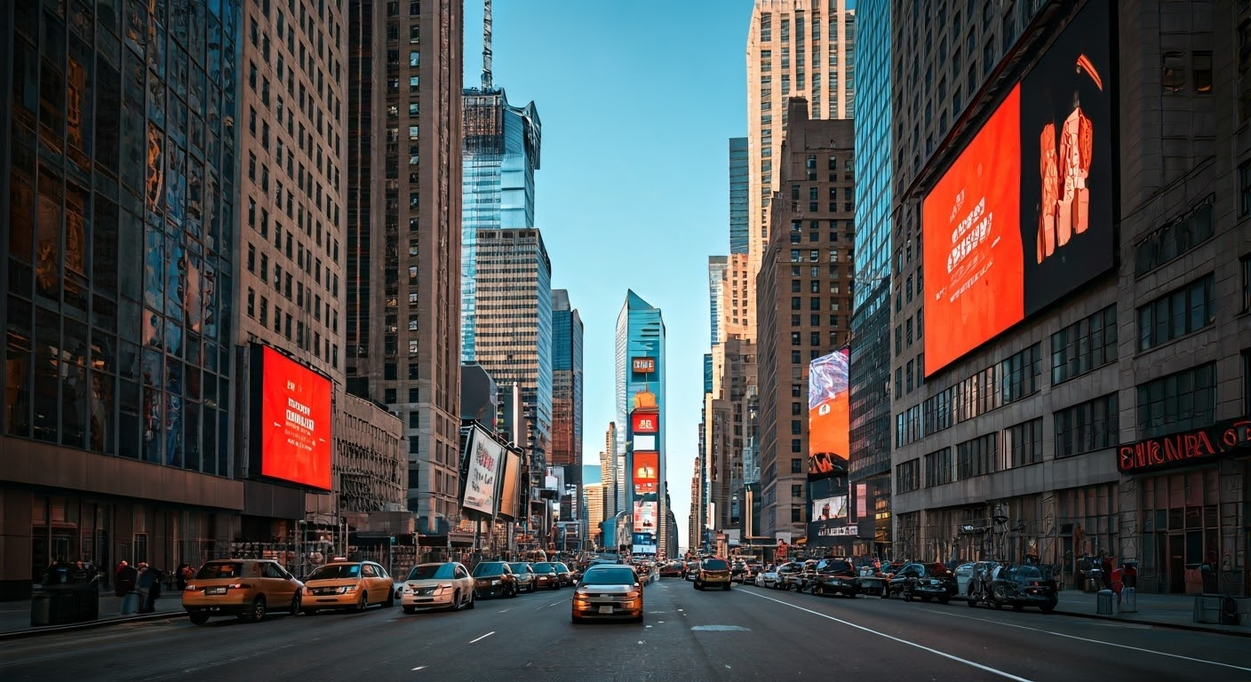 Busy NYC street with digital ads.