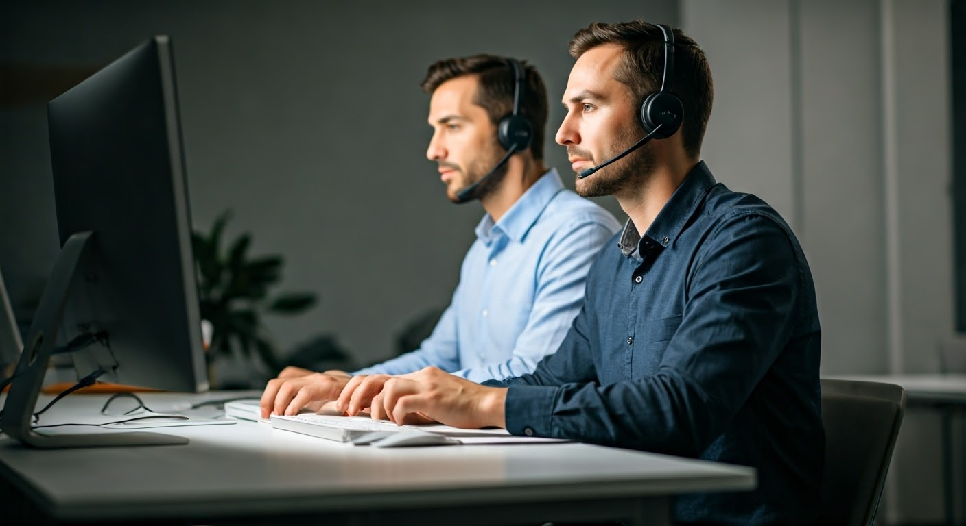 Tech support team collaborating in office.