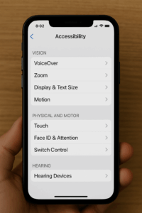 Close-up photo of an iPhone displaying the Accessibility settings menu. The screen shows sections for Vision (with options like VoiceOver, Zoom, Display & Text Size, and Motion), Physical and Motor (including Touch, Face ID & Attention, and Switch Control), and Hearing (showing Hearing Devices). A hand is holding the phone against a light wooden background.